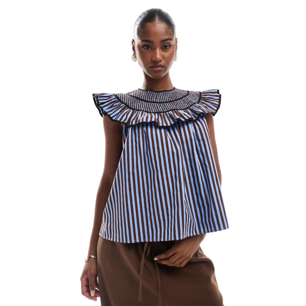 Shirred Yoke in Blue and Brown Stripes