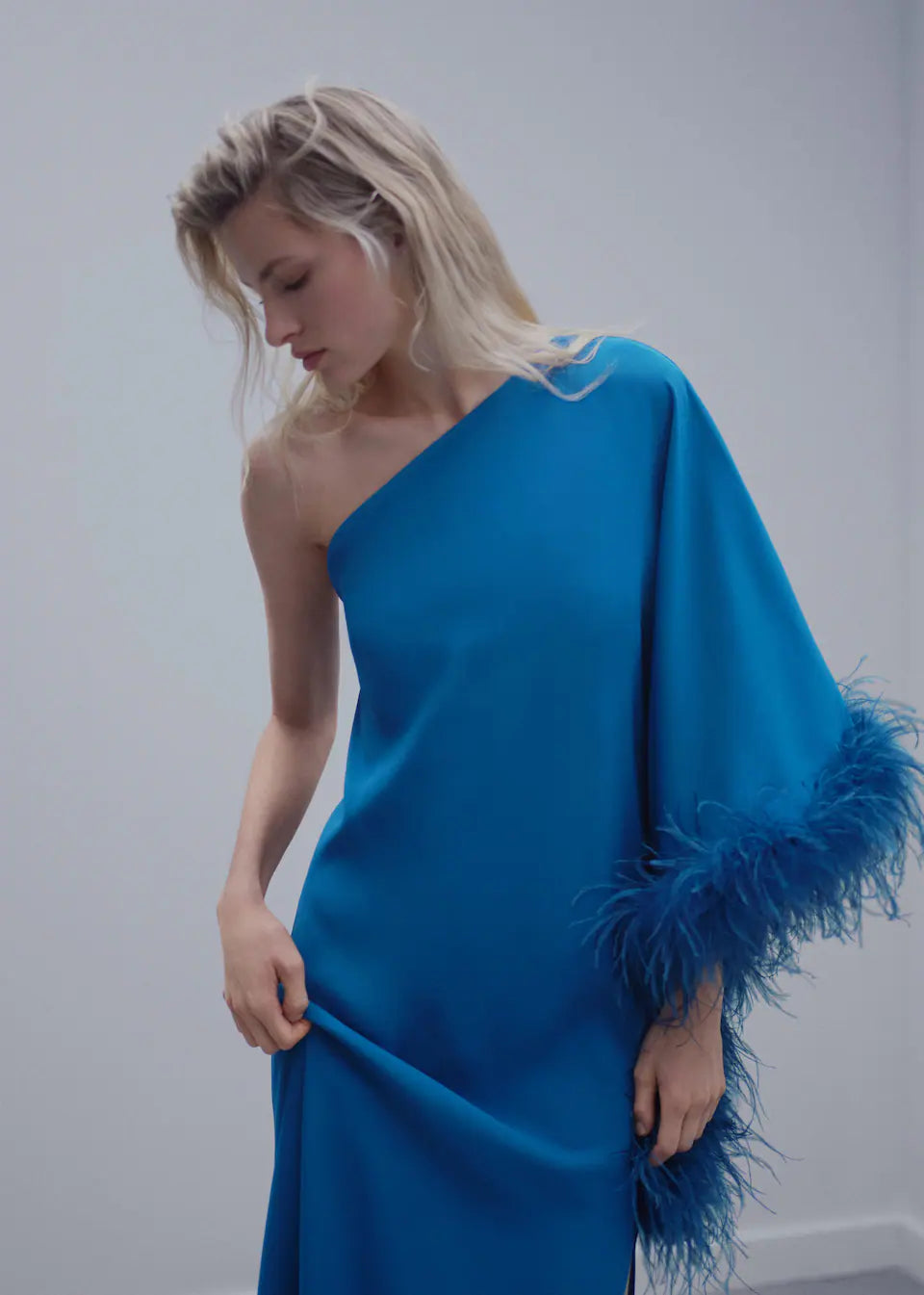 Asymmetric Feather Satin Dress