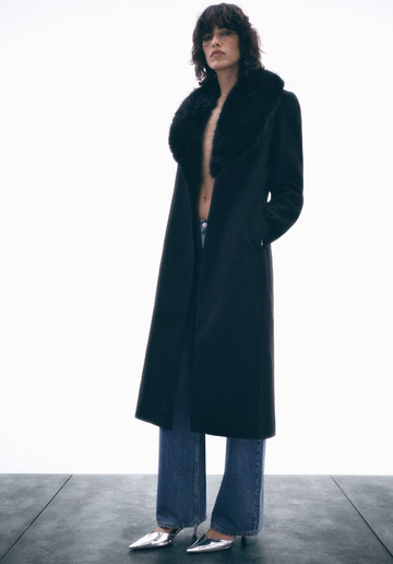 Detachable Wool Coat with Fur-Effect Collar