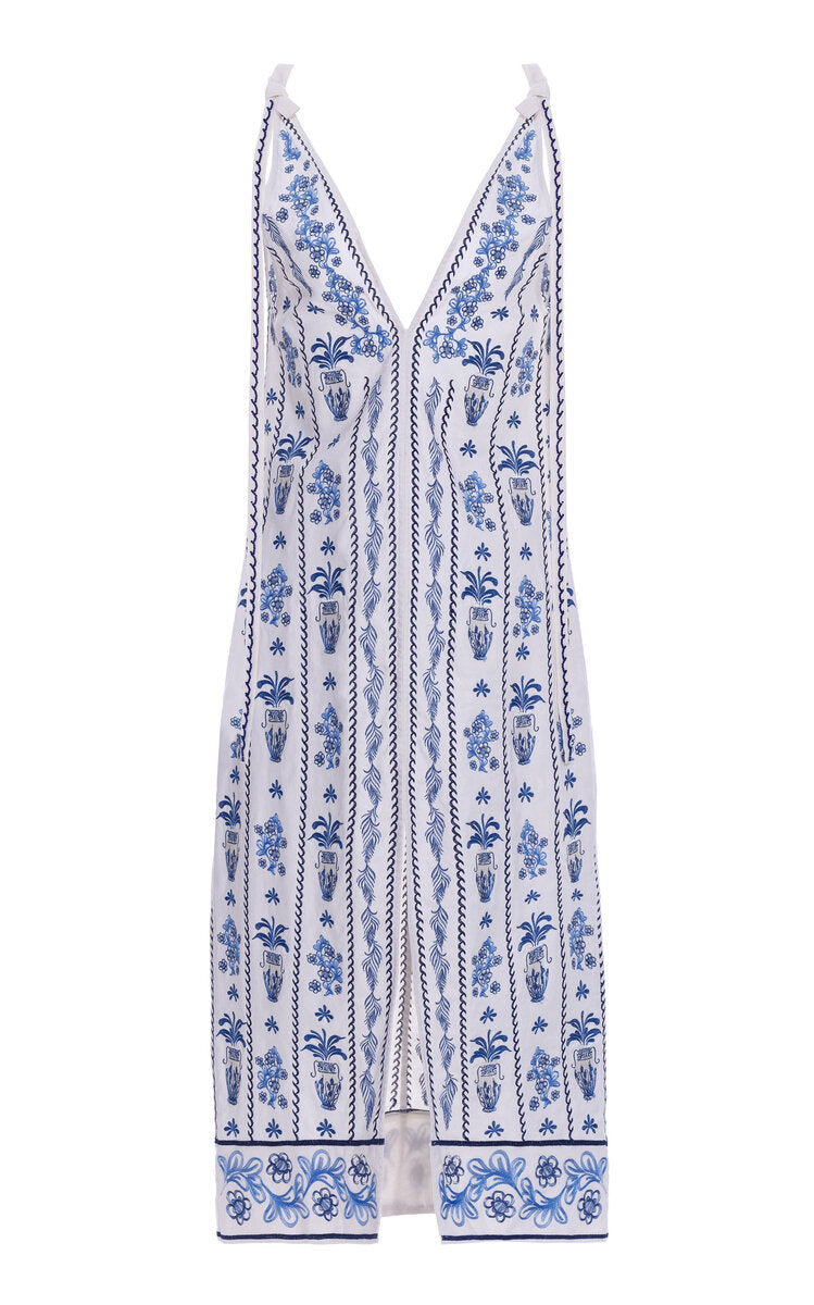 Suspiro Tinaja Embroidered Linen Midi Dress