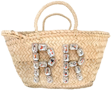 Glass Crystal Monogram Straw Market Bag